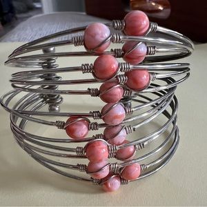 Sterling silver and coral bead cuff bracelet